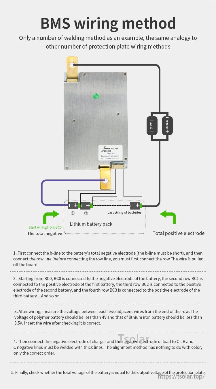 BMS wiring method diagram for lithium battery pack with start wires and total positive electrode
