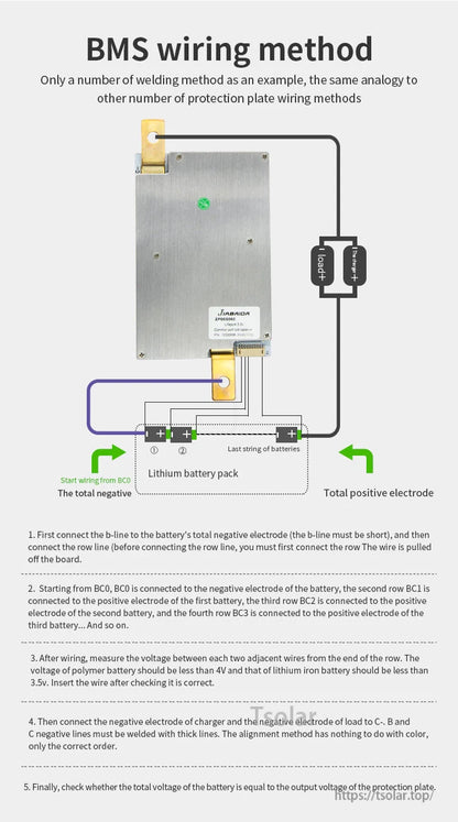 BMS wiring method diagram for lithium battery pack with start wires and total positive electrode