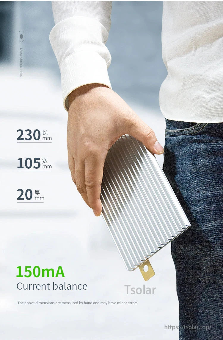 Handheld view of finned aluminum BMS heatsink showing compact 230 × 105 × 20 mm size
