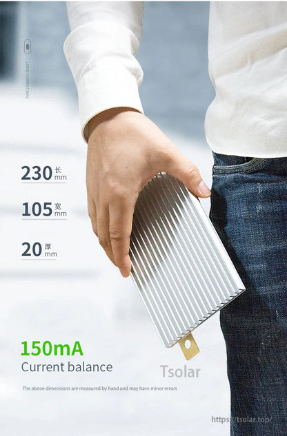 Handheld view of finned aluminum BMS heatsink showing compact 230 × 105 × 20 mm size