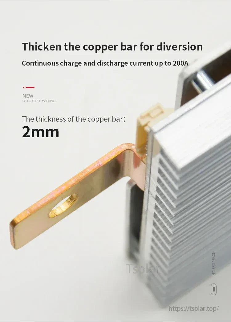 Close-up of 2mm thick copper busbar on the hard BMS for high-current charge and discharge connections