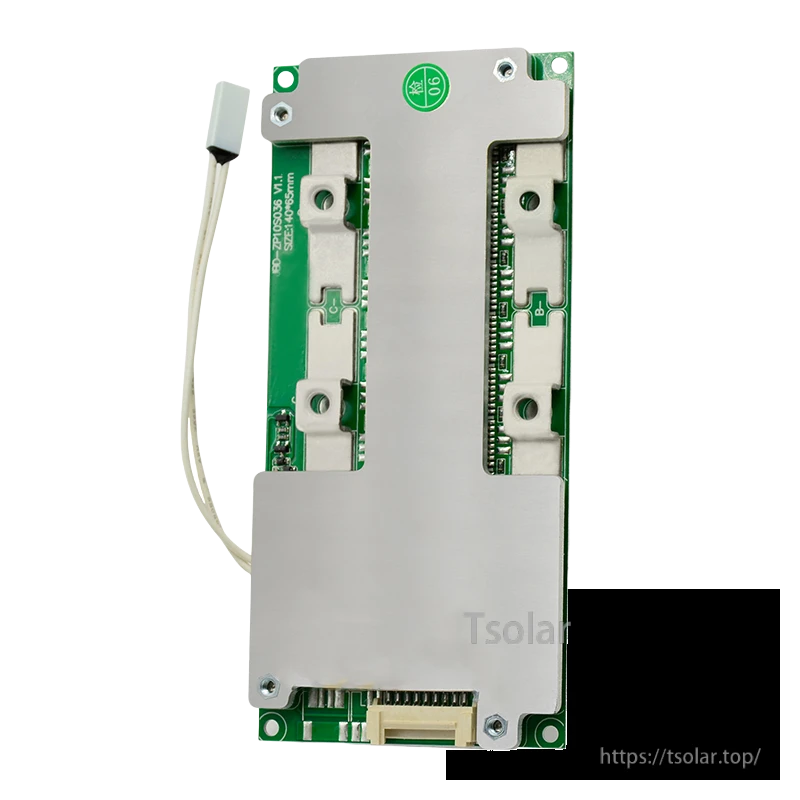 JBD ZP10S036 24V 60A hard BMS top view showing aluminum heatsink plates, mounting holes and cable lead