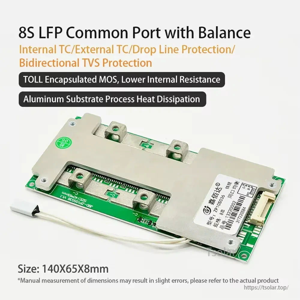 Close-up of JBD ZP10S036 8S common-port BMS with balance; TOLL MOS and aluminum substrate heat dissipation