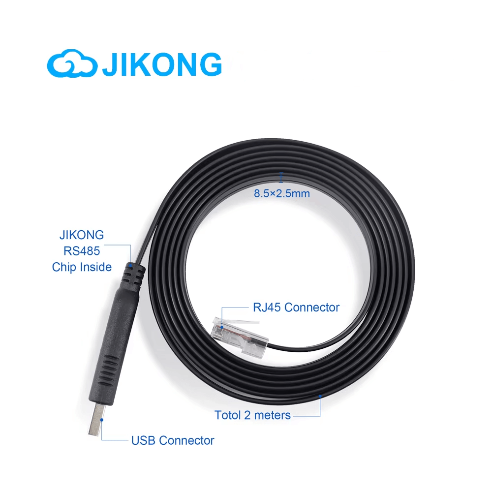 JIKONG USB to RS485 RJ45 adapter cable diagram showing USB connector, RJ45 plug, 2 m length