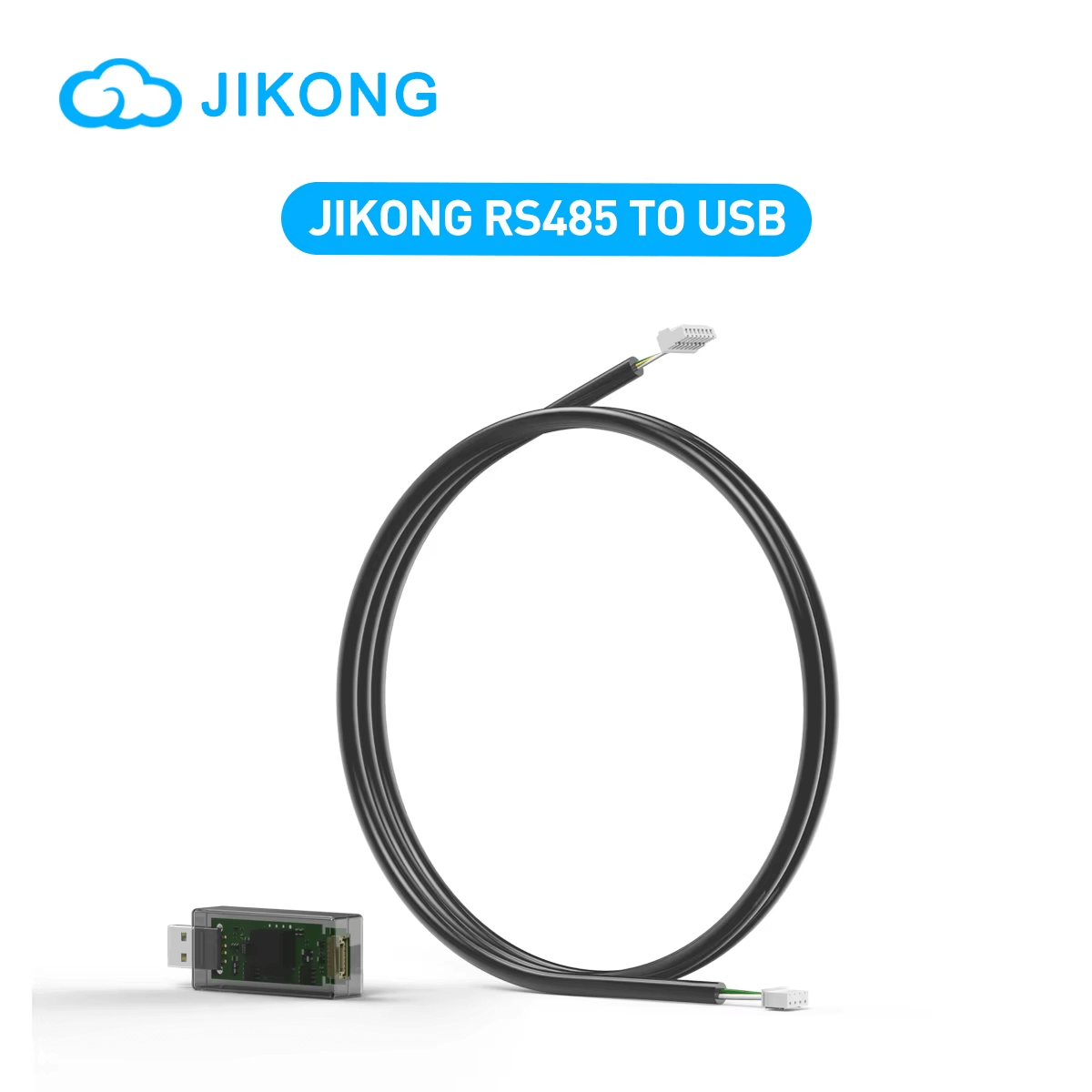 JIKONG RS485 to USB adapter cable product graphic with logo and black coiled lead