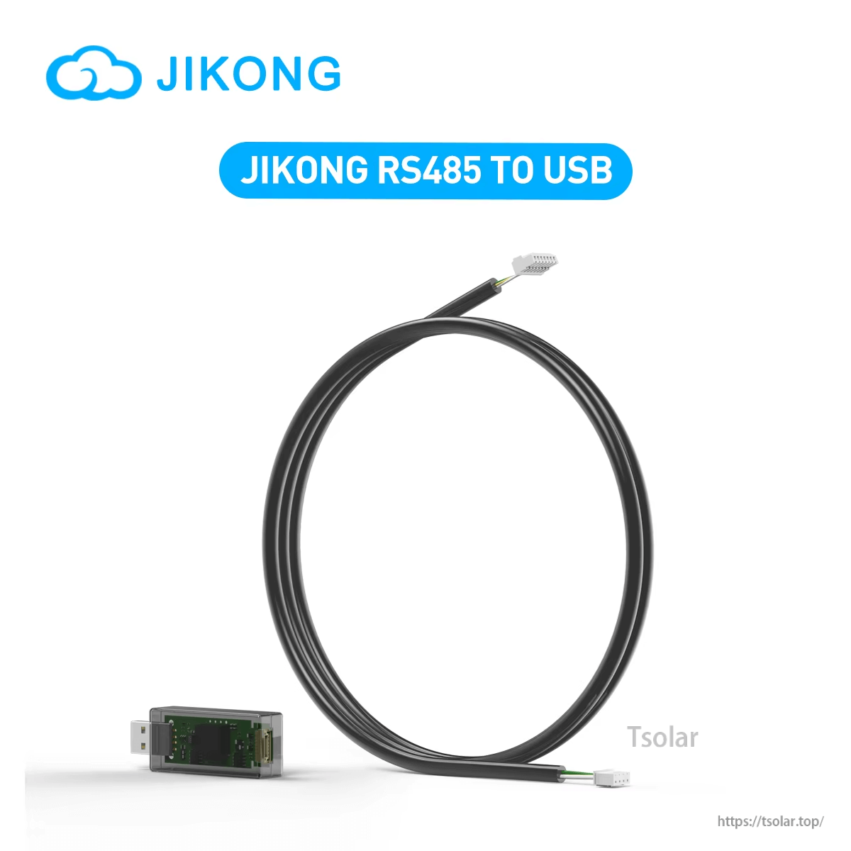 JIKONG JK17 USB‑TTL cable, RS485 to USB adapter with short black lead and small multi‑pin connector