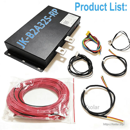 Package contents for JK-B2A32S-RP BMS: unit plus wiring harnesses, sensor leads, and cable set