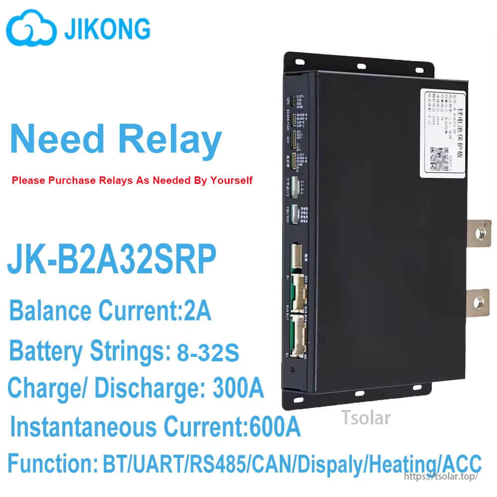 JK-B2A32SRP active balance BMS graphic noting external relay required, with specs listed alongside unit