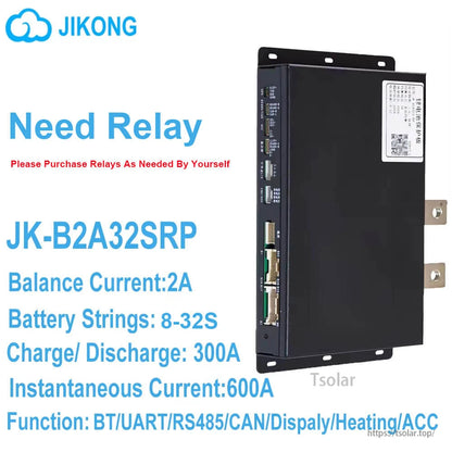 JK-B2A32SRP active balance BMS graphic noting external relay required, with specs listed alongside unit