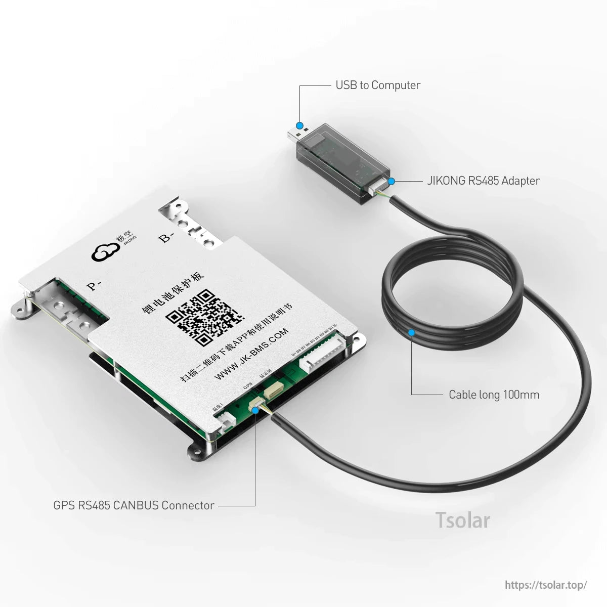 Connection diagram showing USB-to-computer adapter linked to BMS board via GPS RS485 CANBUS connector