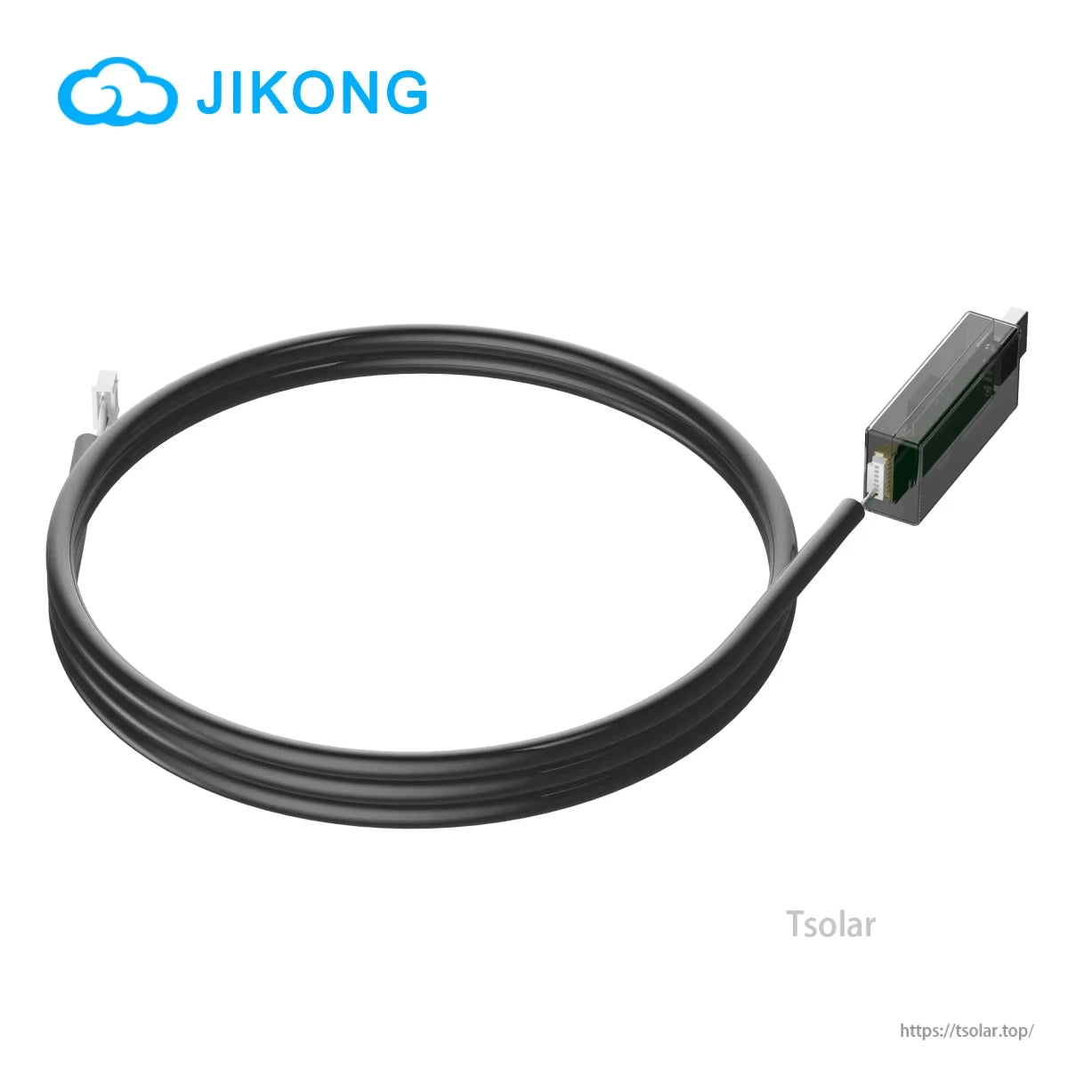 Angled view of black adapter dongle with USB plug and attached cable leading to white connector