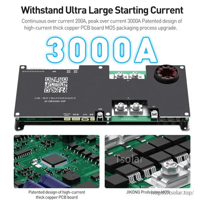 3000A starting current highlight graphic with BMS board and close-ups of high-current PCB and MOS components
