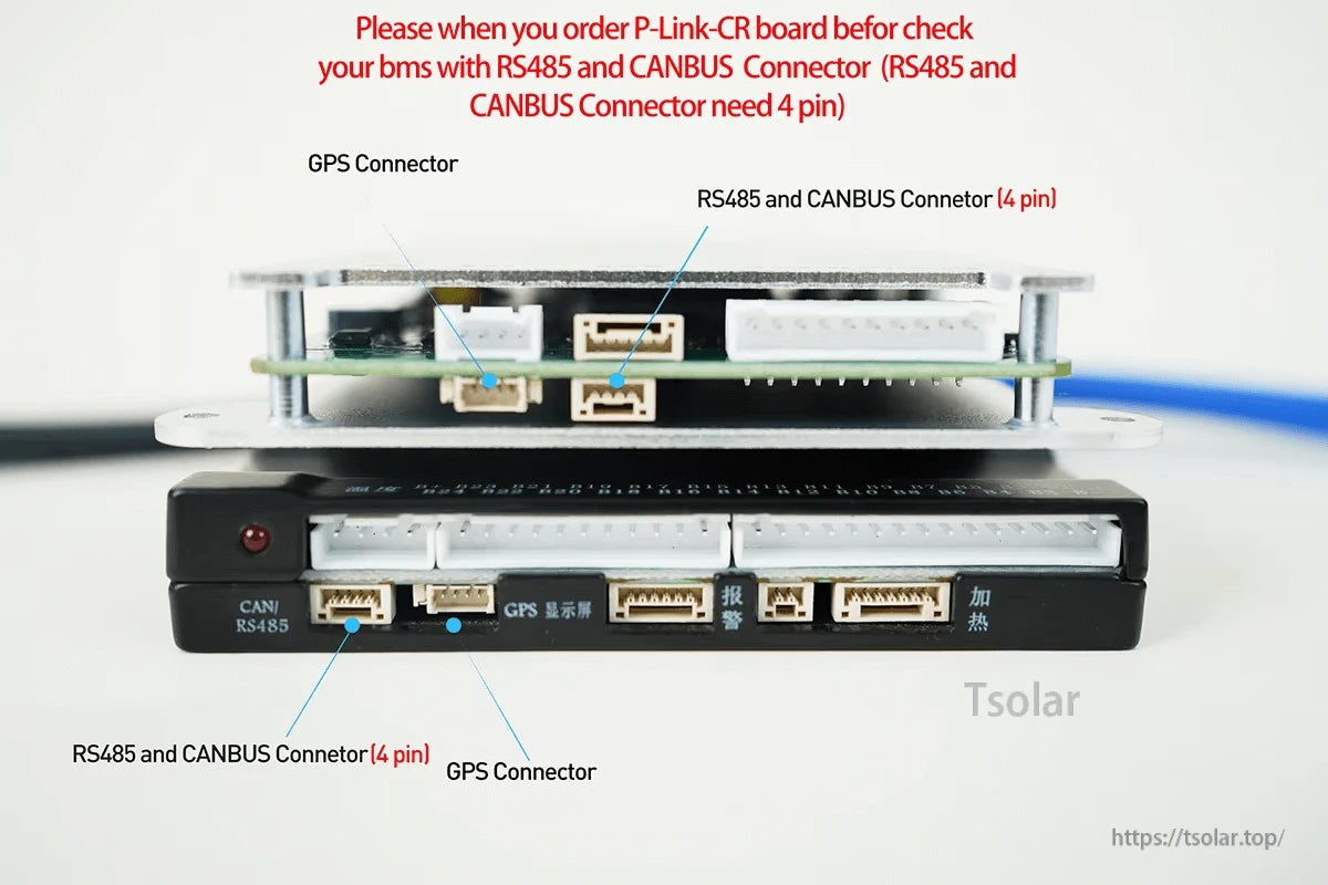 Connector fit guide showing 4-pin RS485/CAN and GPS connector locations on BMS and P-Link-CR board