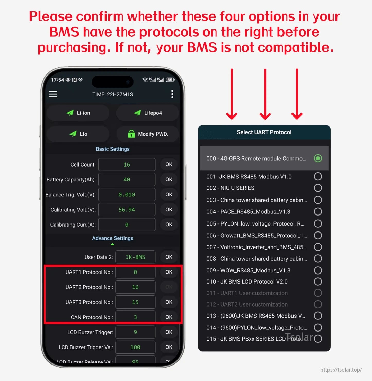 JK BMS app protocol check screen for UART1/UART2/UART3/CAN options before using the P-Link-CR board