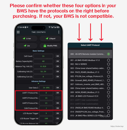 App screenshot guide to confirm UART protocol options in BMS settings before purchase