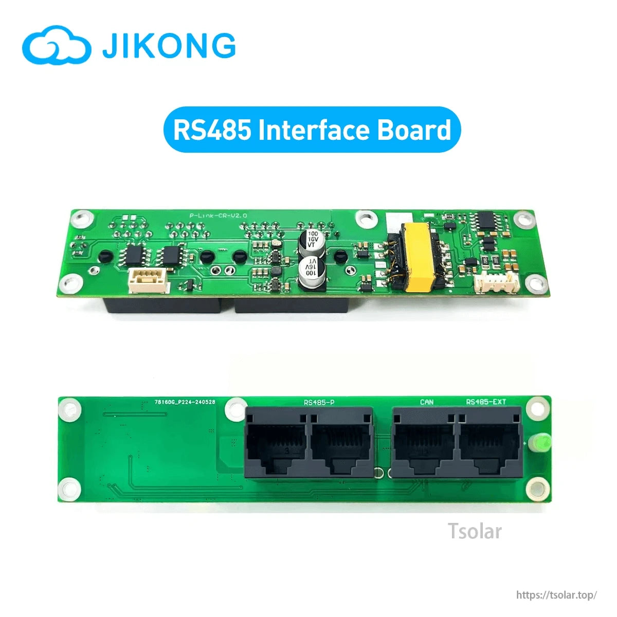 JIKONG RS485 Interface Board graphic showing P-Link-CR board front and port side