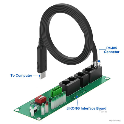 USB to RS485 RJ45 cable connected to JIKONG interface board, labeled RS485 connector and computer end
