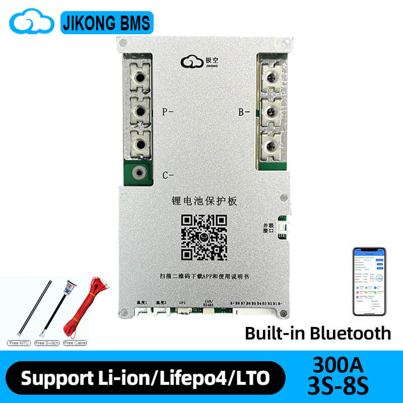 Jikong BMS promo graphic showing built-in Bluetooth, 300A 3S-8S, plus NTC, switch and cable