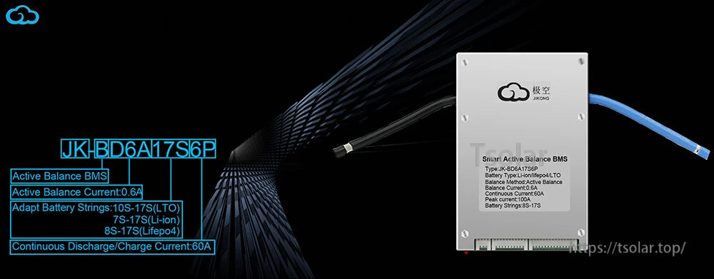 JK smart active balance BMS front view with wired leads and model/series callouts on dark background