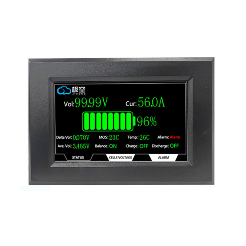 JKBMS 4.3 LCD Display Adapter touch screen panel showing battery status, voltage and current readout