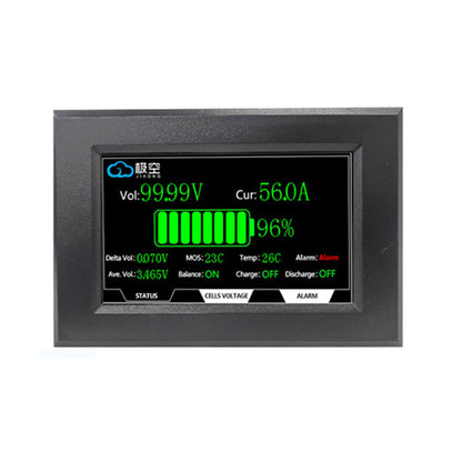 JKBMS 4.3 LCD Display Adapter touch screen panel showing battery status, voltage and current readout