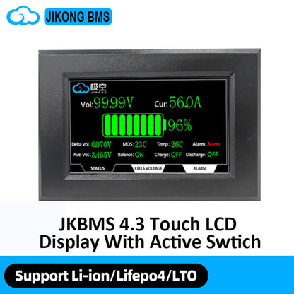JKBMS 4.3 LCD Display Adapter promo graphic showing touch LCD display with active switch text