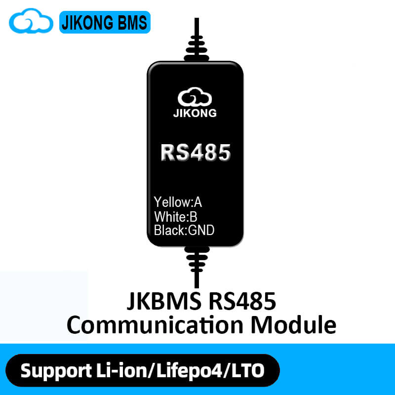 JIKONG BMS JKBMS RS485 communication module graphic with product name and supported battery types