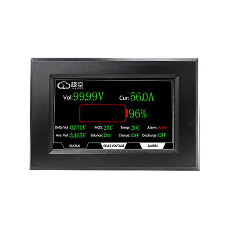 4.3-inch touch LCD panel display interface with status, cells voltage and alarm tabs on screen