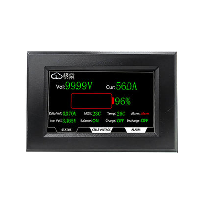 4.3-inch touch LCD panel display interface with status, cells voltage and alarm tabs on screen