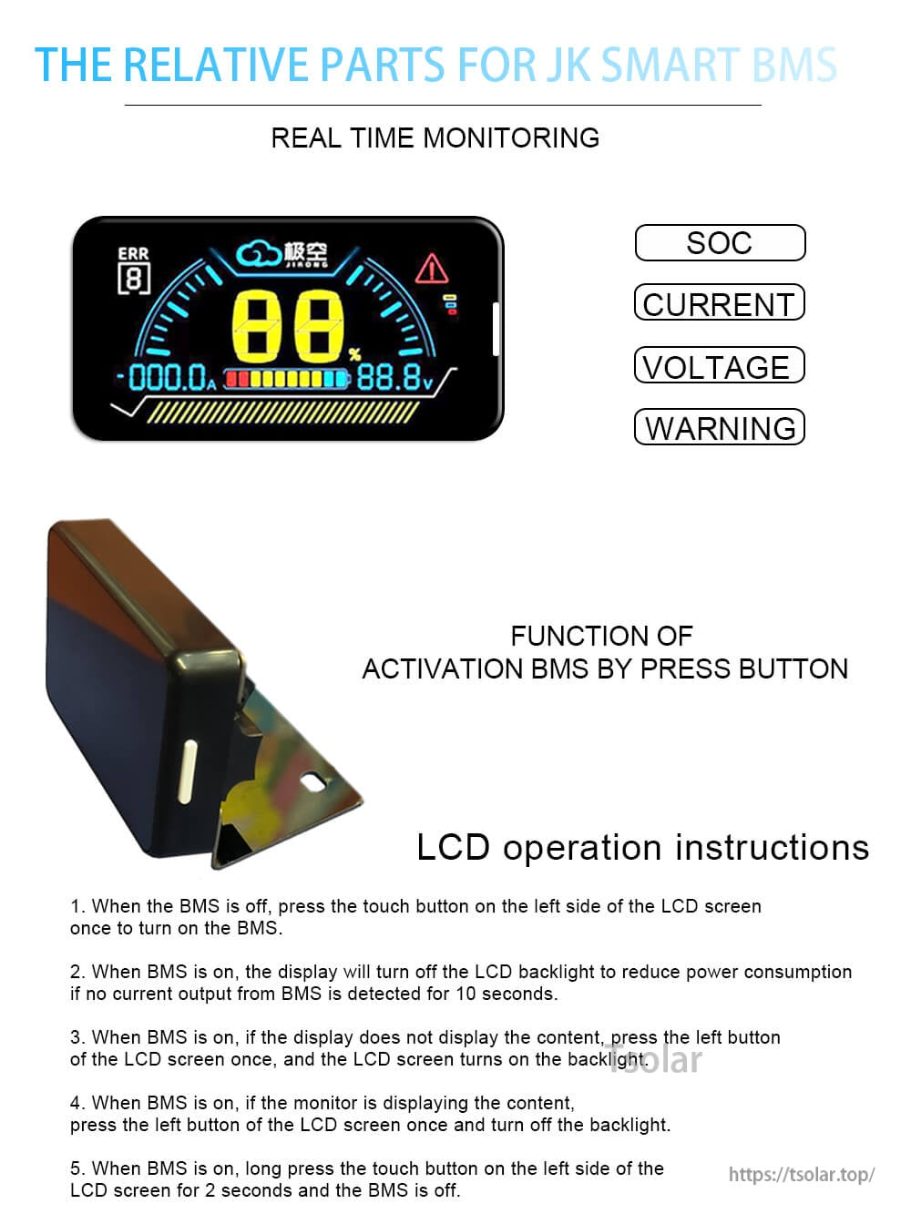 JKBMS 2.5 LCD Power Board Display screen for JK Smart BMS real-time SOC, current, voltage and warning icons