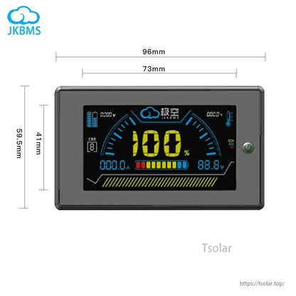 LCD display module size diagram showing 96 mm width, 59.5 mm height, and 73 mm screen width