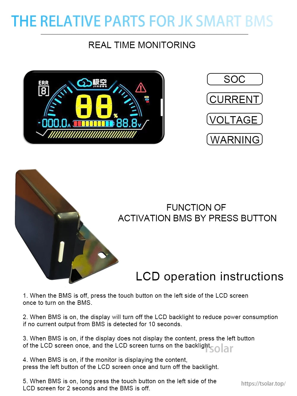 JKBMS 3.2 LCD power board display instructions with real-time SOC, current, voltage and warning icons