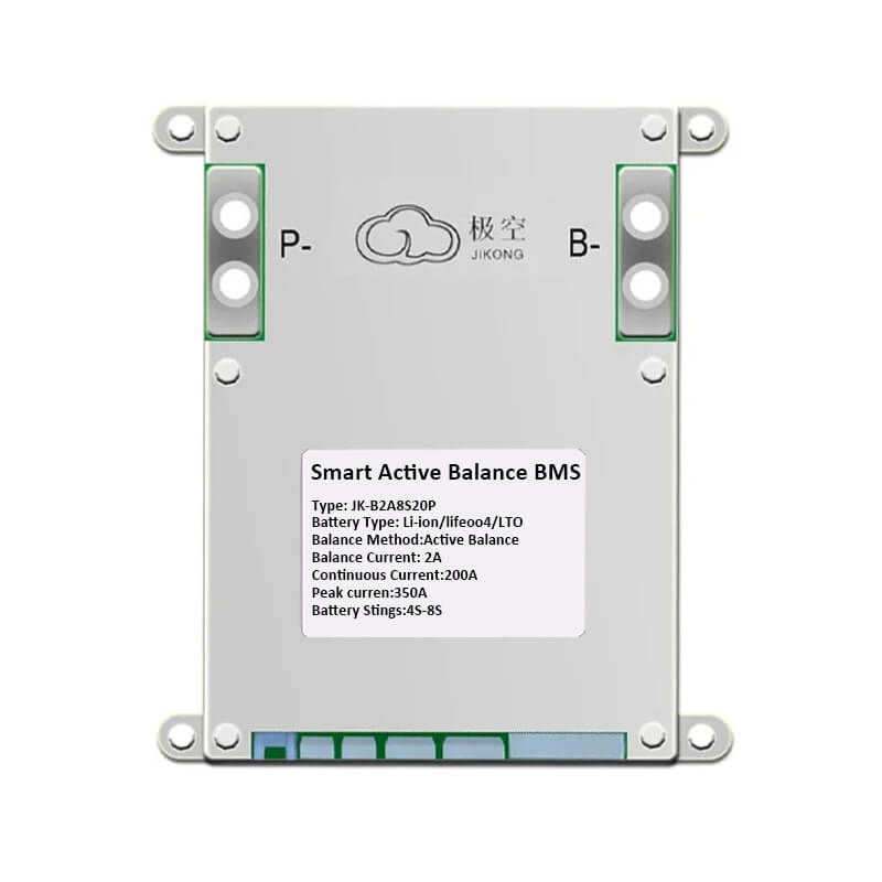 JKBMS smart active balance BMS front view with P- and B- terminals and product specification label