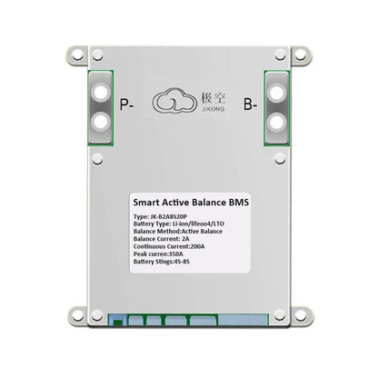 JKBMS smart active balance BMS front view with P- and B- terminals and product specification label