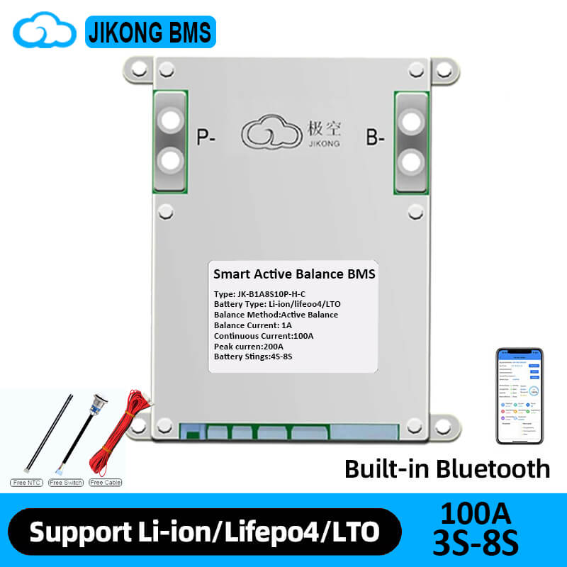 Jikong smart active balance BMS graphic showing built-in Bluetooth, 100A rating, and 3S–8S support
