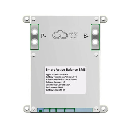 JKBMS smart active balance BMS unit with label and P- and B- terminal blocks on aluminum case
