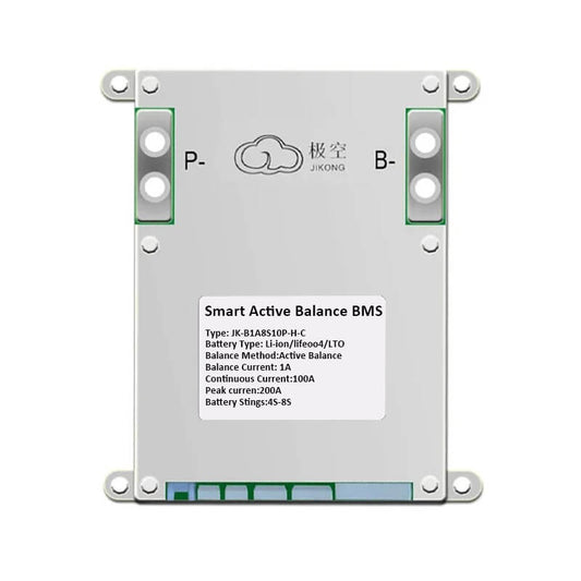 JKBMS smart active balance BMS unit with label and P- and B- terminal blocks on aluminum case