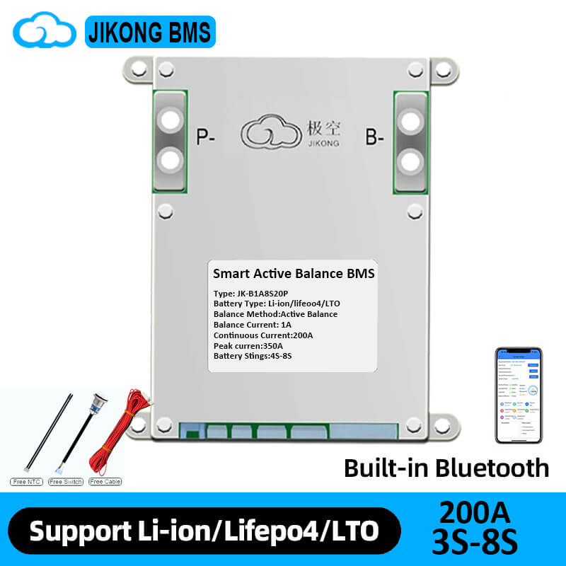JIKONG smart active balance BMS with built-in Bluetooth graphic and included cable, switch and NTC sensor