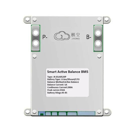 JKBMS smart active balance BMS front view with P- and B- terminals and product specification label
