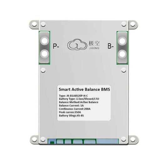JKBMS smart active balance BMS front view with P- and B- terminals and specification label