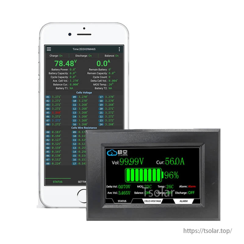 JK BMS monitoring example showing smartphone app screen next to 4.3-inch LCD display panel