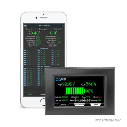 JK BMS monitoring example showing smartphone app screen next to 4.3-inch LCD display panel