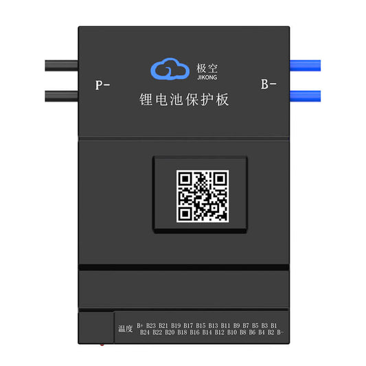 JKBMS active balance BMS module front view with QR code and P-/B- power leads