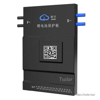 Angled front-right view of active balance BMS enclosure with blue B- leads and P- leads