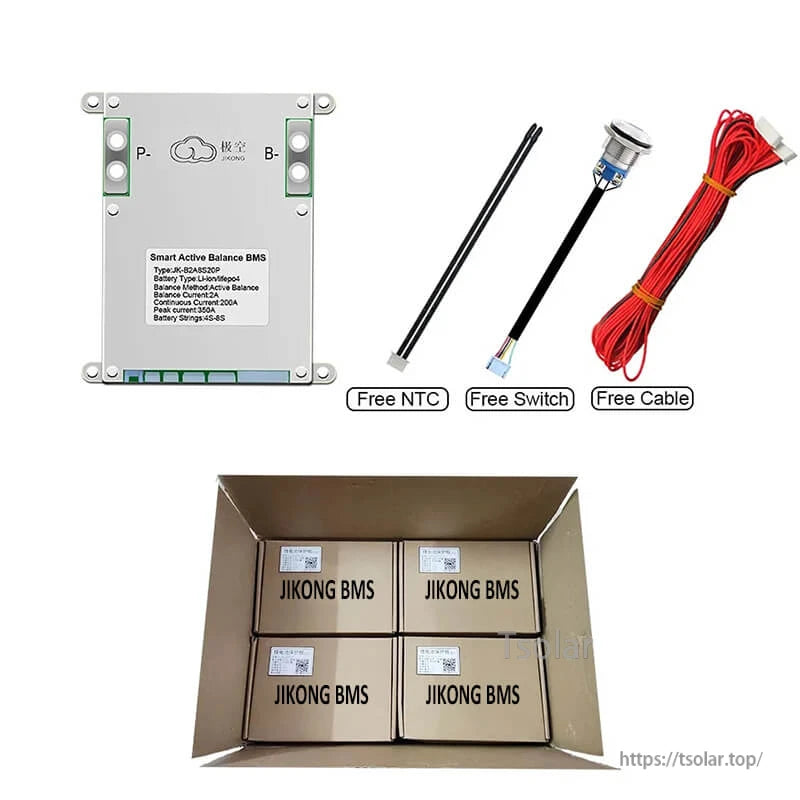 Package contents: active balance BMS with NTC sensor, switch, cable, and bulk boxed units for shipping
