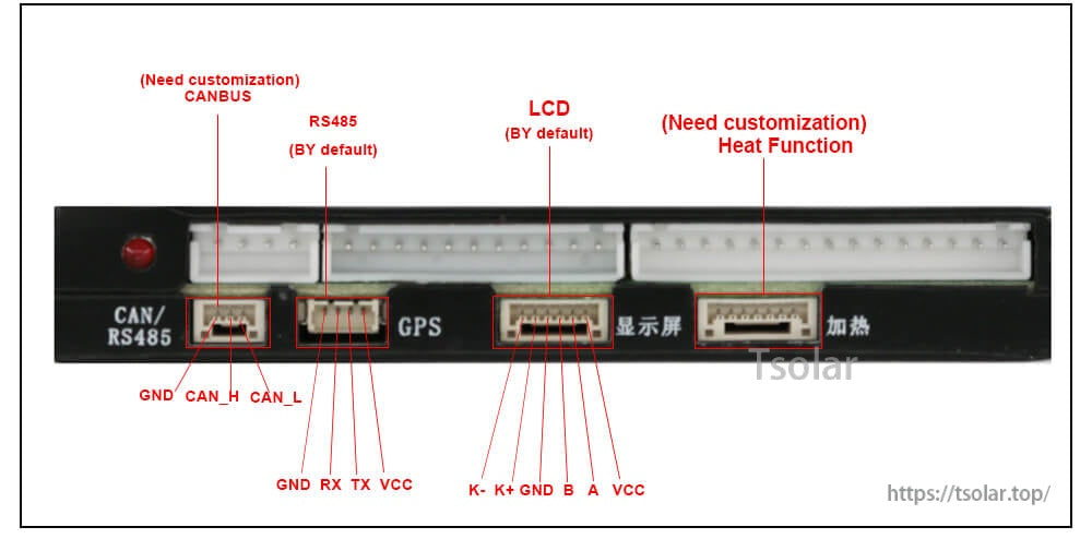Close-up of BMS connector row labeled CAN/RS485, RS485, LCD, and heat function with pinout markings