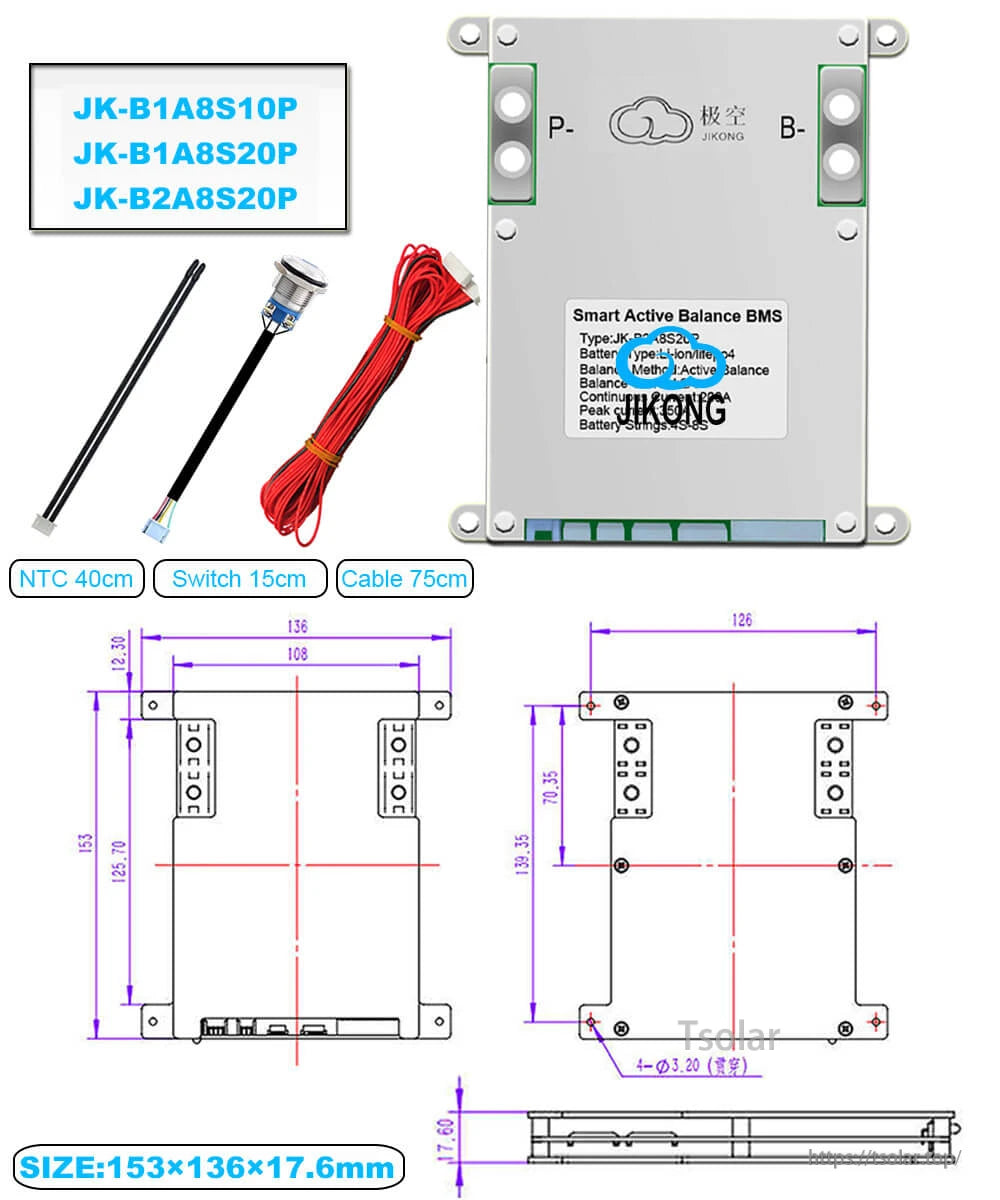 Jikong smart active balance BMS with NTC, switch and cable plus size drawing 153×136×17.6 mm