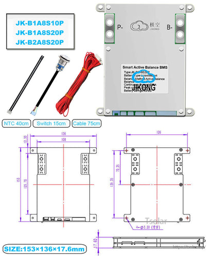 Jikong smart active balance BMS with NTC, switch and cable plus size drawing 153×136×17.6 mm