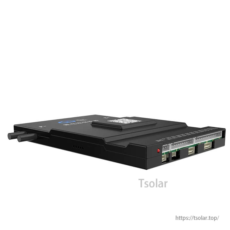 Low side profile showing balance lead connector row and slim BMS enclosure design