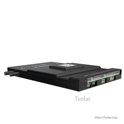 Low side profile showing balance lead connector row and slim BMS enclosure design